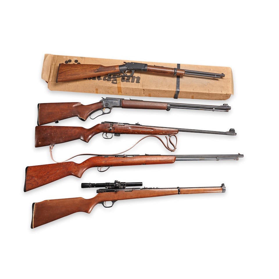 FIVE .22 CALIBER RIFLES. Modern firearm: FIVE .22 CALIBER RIFLES. A Harrington & Richardson Model 755 Sahara bolt action rifle, serial number AF251455, .22 Short, Long or Long Rifle caliber, blued steel barrel and frame, hard wood stock, fit