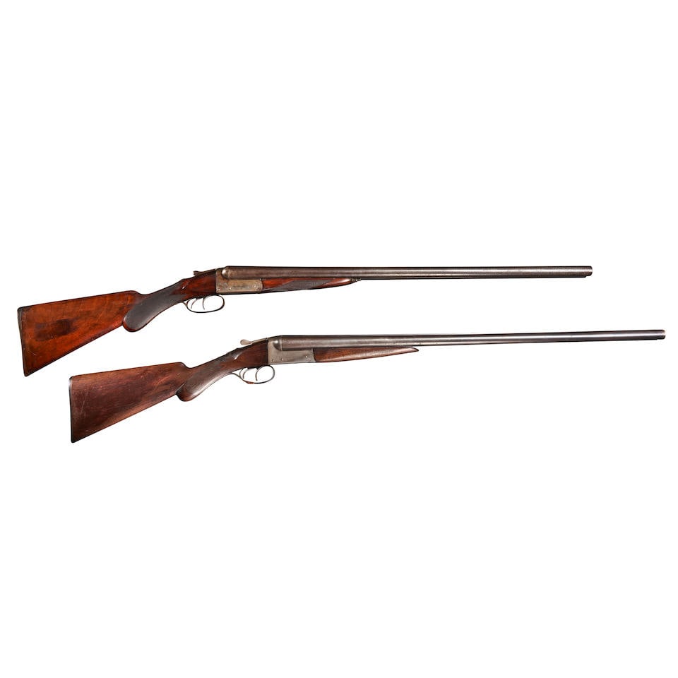 TWO EARLY REMINGTON SIDE BY SIDE 12 GAUGE SHOTGUNS. Curio or Relic firearm: TWO EARLY REMINGTON SIDE BY SIDE 12 GAUGE SHOTGUNS. A Model 1894, serial number 102550, Damascus barrels with textured rib, color case hardened frame marked 'REMINGTON ARMS CO.'; walnut stock with che