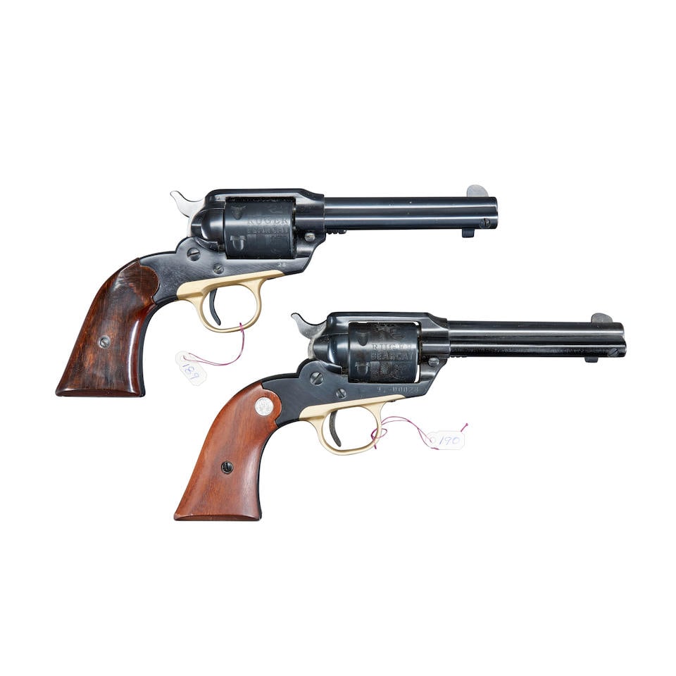 AN EARLY RUGER SERIAL NUMBER 28 BEARCAT AND SUPER BEARCAT SINGLE ACTION REVOLVERS WITH ORIGINAL ...: AN EARLY RUGER SERIAL NUMBER 28 BEARCAT AND SUPER BEARCAT SINGLE ACTION REVOLVERS WITH ORIGINAL BOXES, 1958 and 1971. Ruger Bearcat catalog number BC-4, serial number 28, .22 Long Rifle caliber; blued