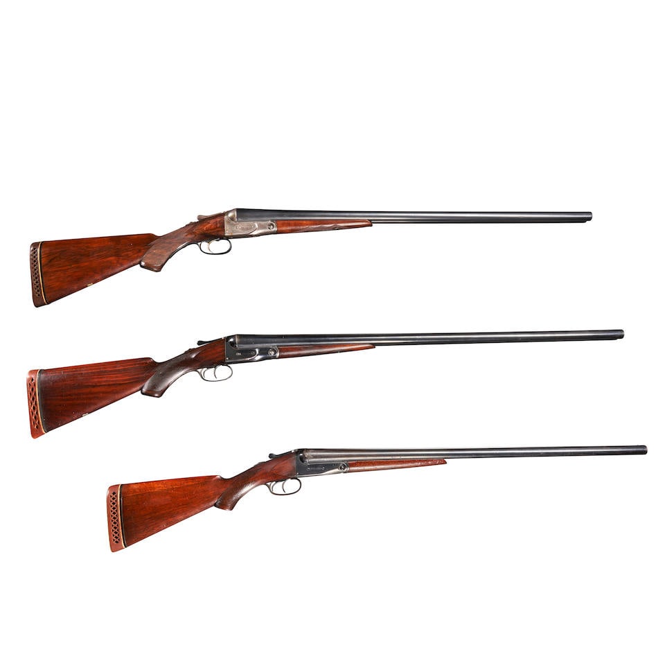 THREE PARKER BROTHERS SIDE BY SIDE 12 GUAGE SPORTING GUNS.: THREE PARKER BROTHERS SIDE BY SIDE 12 GUAGE SPORTING GUNS. A grade 2 (G), serial number 80804 (made 1894), blued mismatched steel barrel (#110786) with textured rib marked 'PARKER BROTHERS, MAKERS, ME