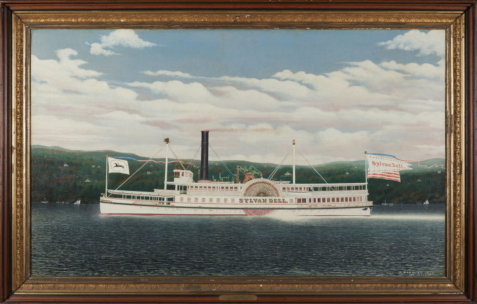 James Bard (American, 1815-1897) The Hudson River Steamer Sylvan Dell 50 x 30 in. (127.0 x 76.2 ...: James Bard (American, 1815-1897) The Hudson River Steamer Sylvan Dell signed 'J. BARD NY 1872 / 162 Perry St' (lower right) oil on canvas in later gilt frame 50 x 30 in. (127.0 x 76.2 cm) framed 55 1/