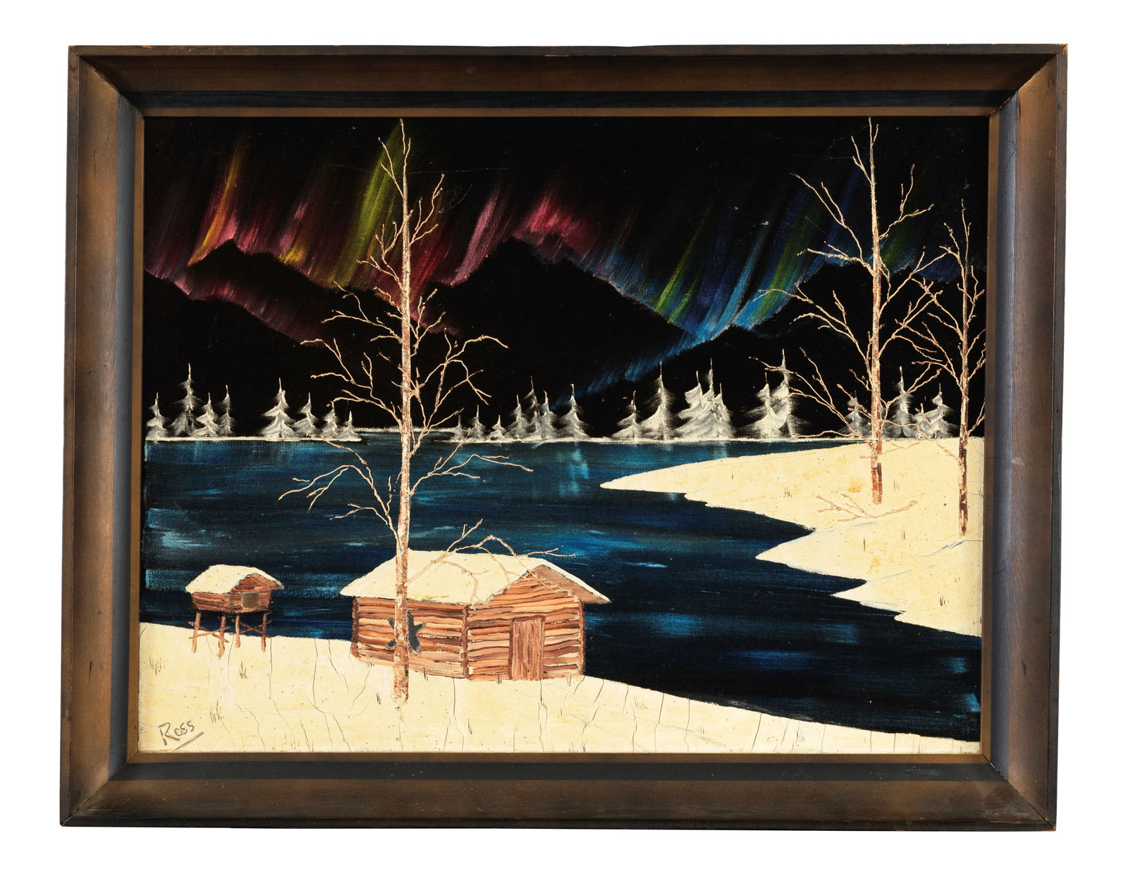 Bob Ross (American, 1942-1995) Cabin By a Lake with Northern Lights, 1968: Bob Ross (American, 1942-1995) Cabin By a Lake with Northern Lights, 1968 signed 'Ross' (lower left); inscribed 'Robert N. Ross / March 1968 / Alaska' with authentication sticker (on the reverse) oil