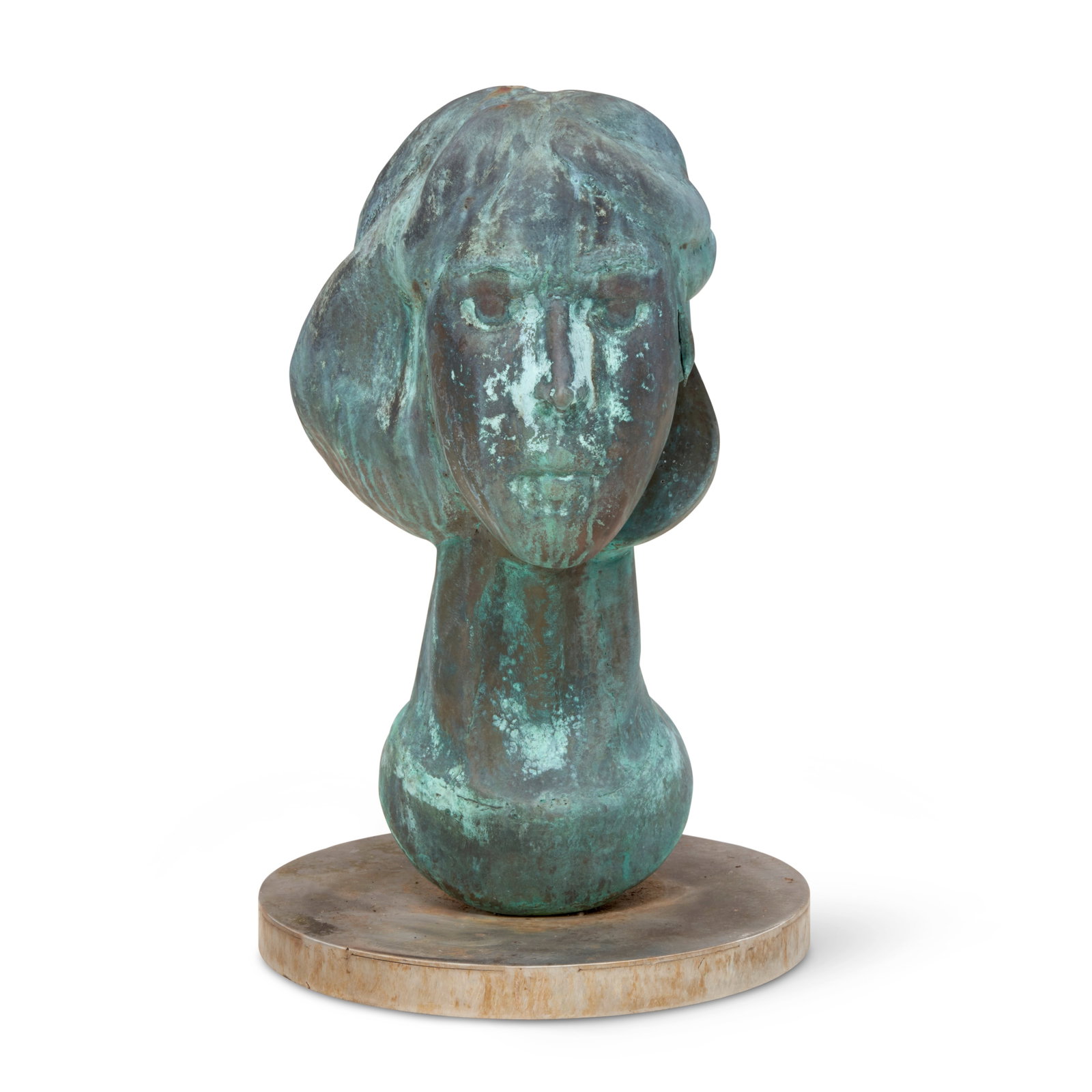 David Boyajian (American, 20th/21st Century) Grecian Head (Female) (height 21.5 in. (54.6 cm), w...: David Boyajian (American, 20th/21st Century) Grecian Head (Female) stamped 'M...05' (lower left) bronze with green patina on a stainless-steel plinth height 21.5 in. (54.6 cm), without plinth