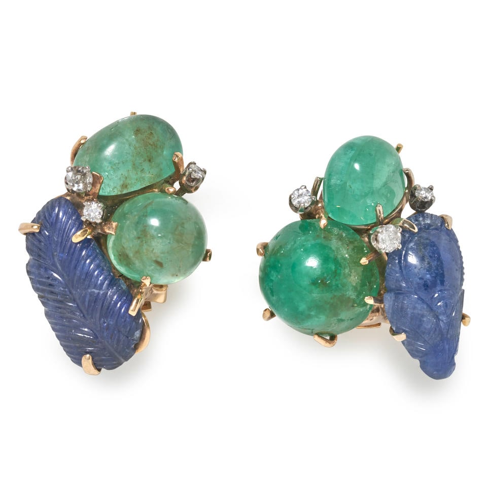 SEAMAN SCHEPPS: A PAIR OF 14K GOLD, SAPPHIRE, EMERALD, AND DIAMOND EARRINGS (1 of 4)
