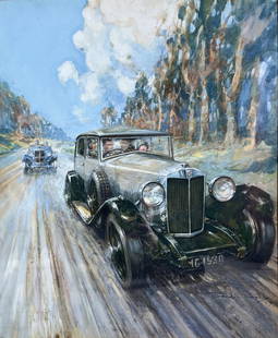 Frederick Gordon Crosby (1885-1943) MG 18/80 and Midget M: Frederick Gordon Crosby (1885-1943) MG 18/80 and Midget M Gouache and watercolour, signed and dated 1929 bottom right, the registration plate reads 1930. From an impressive 3/4 front viewpoint it repr