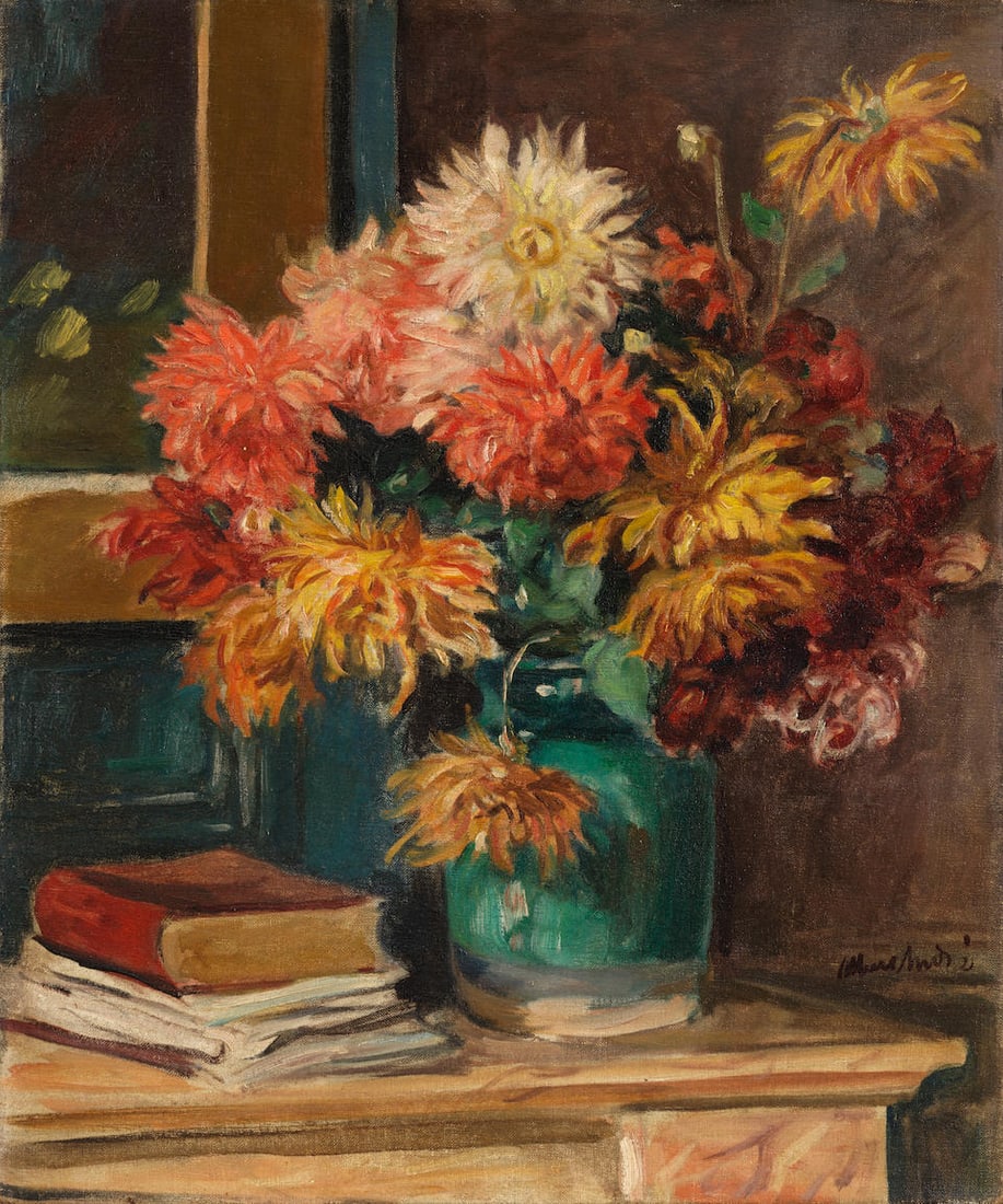 ALBERT ANDRÉ (1869-1954) Vase de dahlias 21 5/8 x 18 1/8 in (55 x 46 cm) (Painted in 1925): ALBERT ANDRÉ (1869-1954) Vase de dahlias signed 'Albert André' (lower right) oil on canvas 21 5/8 x 18 1/8 in (55 x 46 cm) Painted in 1925 Footnotes: This work will be included in the forthc