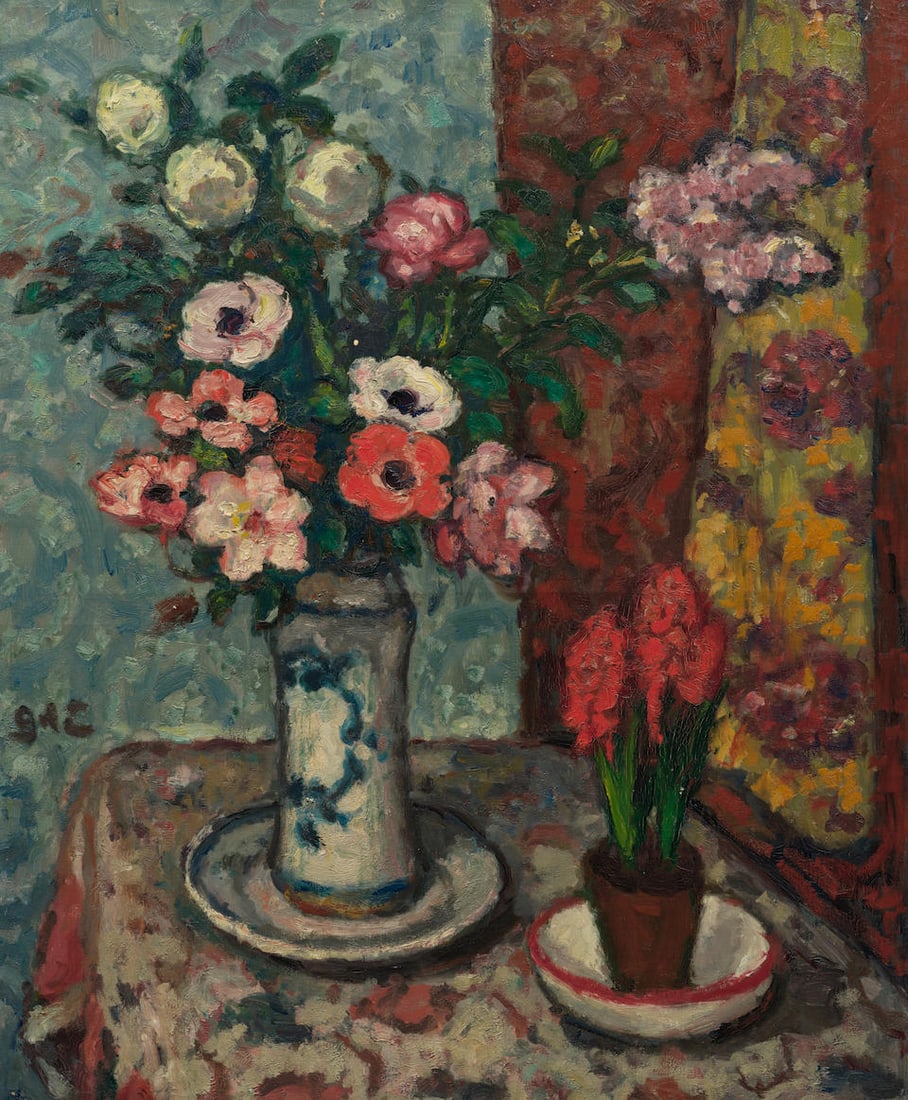 GEORGES D'ESPAGNAT (1870-1950) Jacinthes et bouquet 31 11/16 x 25 9/16 in (80.5 x 65 cm) (Painte...: GEORGES D'ESPAGNAT (1870-1950) Jacinthes et bouquet signed with the artist's initials 'GdE' (center left) oil on canvas 31 11/16 x 25 9/16 in (80.5 x 65 cm) Painted circa 1912 Footnotes: The authentic