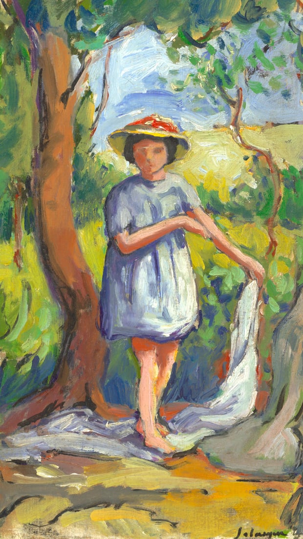 HENRI LEBASQUE (1865-1937) Petite fille dans la clairière 11 3/8 x 7 7/16 in (33 x 19 cm) (...: HENRI LEBASQUE (1865-1937) Petite fille dans la clairière signed 'Lebasque' (lower right) oil on canvas 11 3/8 x 7 7/16 in (33 x 19 cm) Painted circa 1907-1909 Footnotes: The authenticity of this