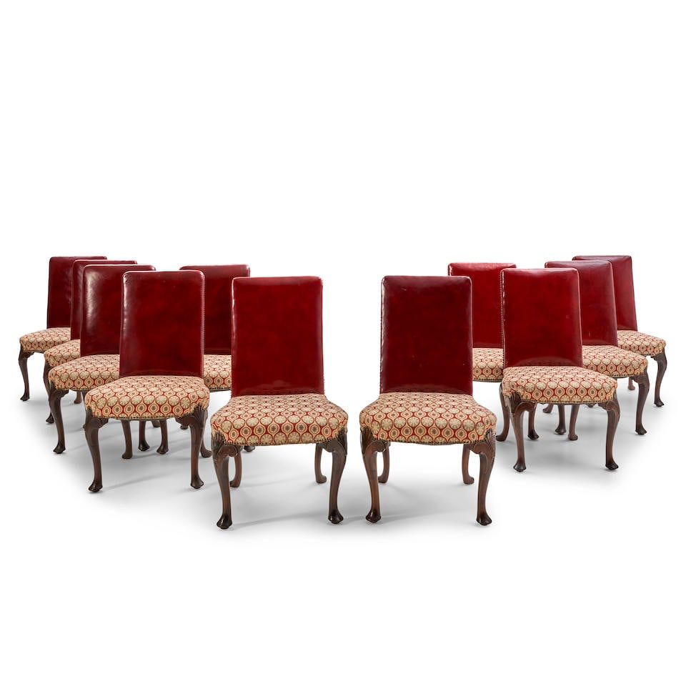 ELEVEN QUEEN ANNE-STYLE MAHOGANY, LEATHER, AND UPHOLSTERY DINING CHAIRS (1 of 2)
