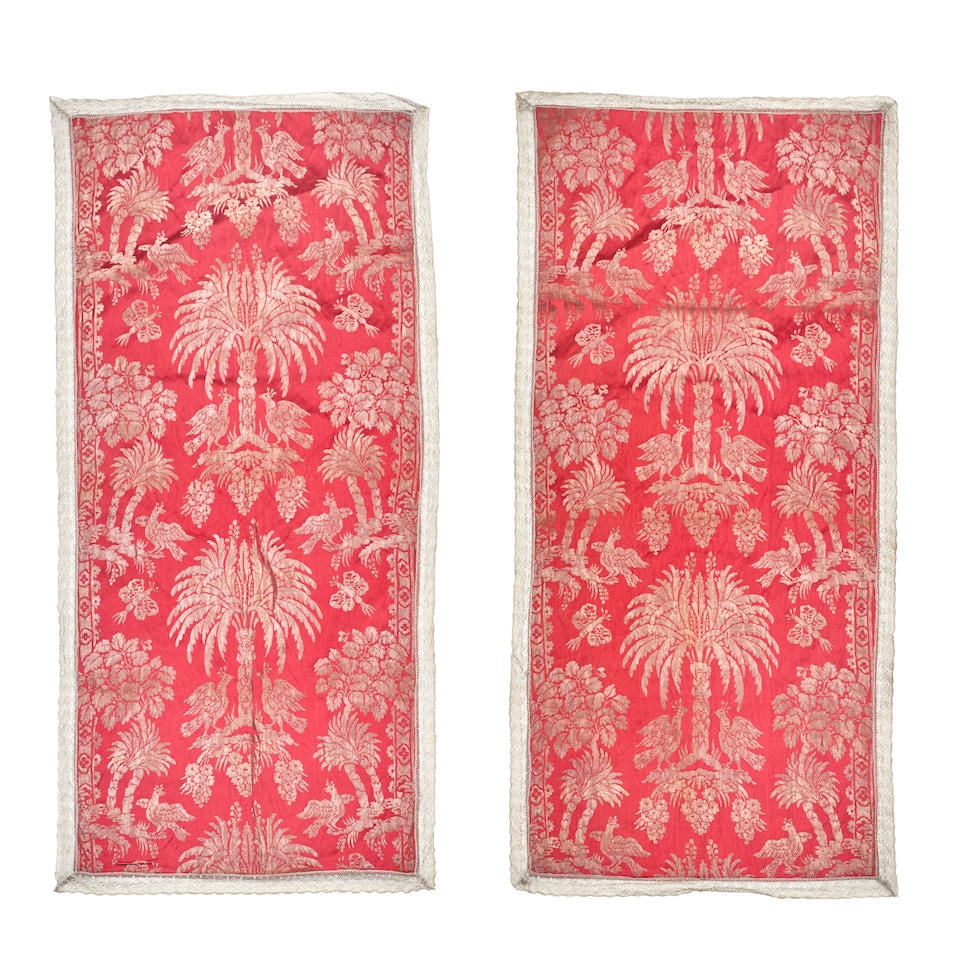 TWO FRENCH SILK AND METAL (LAMPAS) France 1 ft. 11 in. x 3 ft. 10 in. and 1 ft. 11 in. x 3 ft. 1...: TWO FRENCH SILK AND METAL (LAMPAS) France 1 ft. 11 in. x 3 ft. 10 in. and 1 ft. 11 in. x 3 ft. 10 in. Footnotes: OVERALL CONDITION: Good. Wear appropriate for age and use. This condition report is pro