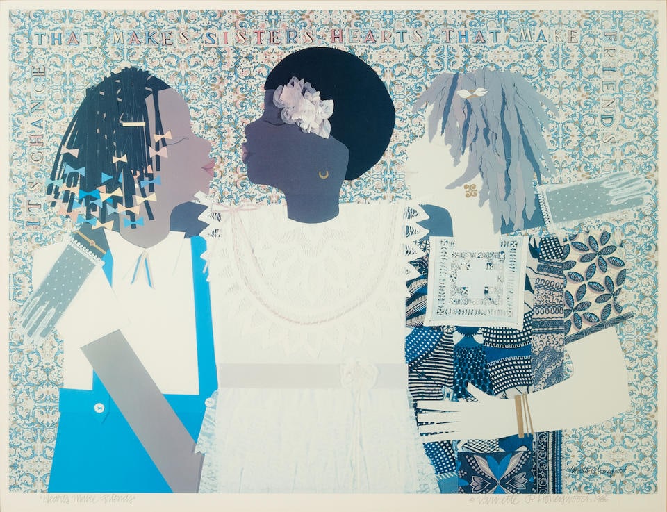 Varnette P. Honeywood (1950-2010); Hearts Make Friends;: Varnette P. Honeywood (1950-2010) Hearts Make Friends, 1986 Offset lithograph on paper; titled and signed '...© Varnette P. Honeywood, 1986' in pencil along the lower margin; framed. 18 x 24 1/8 