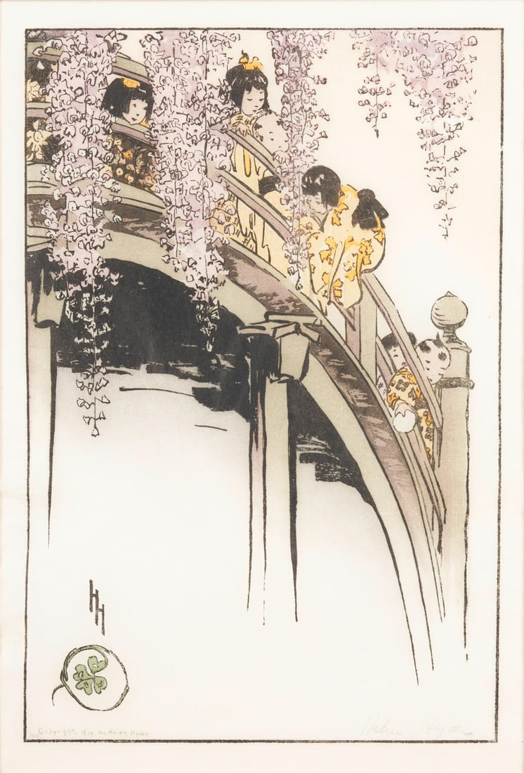 HELEN HYDE (American, 1868-1919) Moon Bridge at Kameido, 1914 (sight size 14 1/2 x 9 3/4 in. (36...: HELEN HYDE (American, 1868-1919) Moon Bridge at Kameido, 1914 signed in pencil 'Helen Hyde' (lower right); stamped with artist initials and seal (lower left); inscribed 'copyright, 1914 by Helen Hyde'
