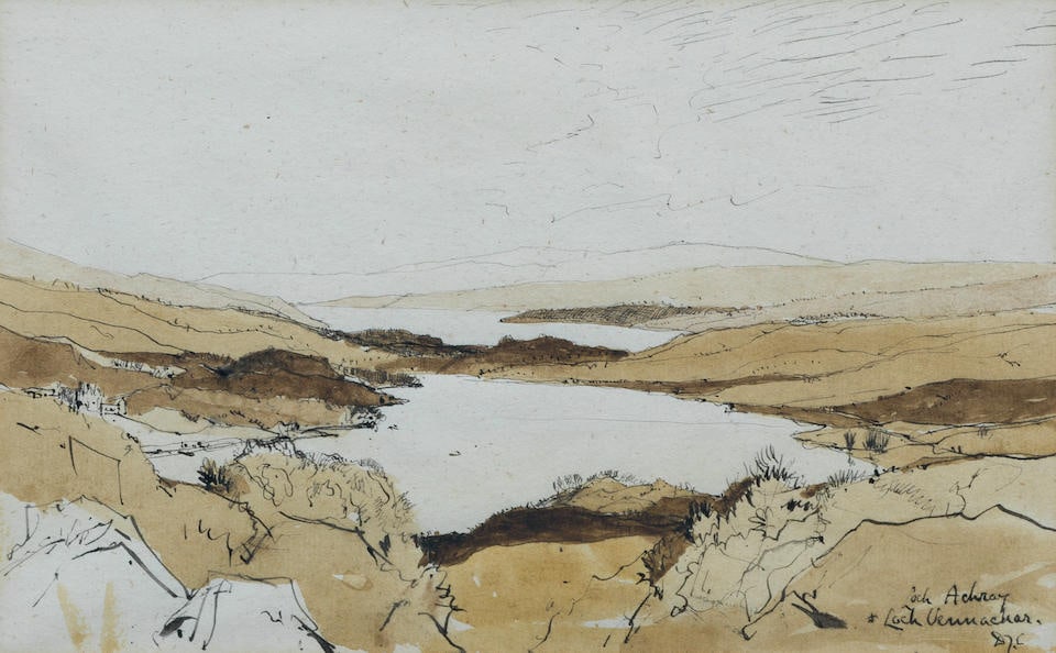 Sir David Young Cameron RA RSA RWS RSW RE (British, 1865-1945) Loch Achray and Loch Vennachar: Sir David Young Cameron RA RSA RWS RSW RE (British, 1865-1945) Loch Achray and Loch Vennachar inscribed and signed with initials 'Loch Achray/Loch Vennacher/DYC' (lower right) pen and ink and sepia wa