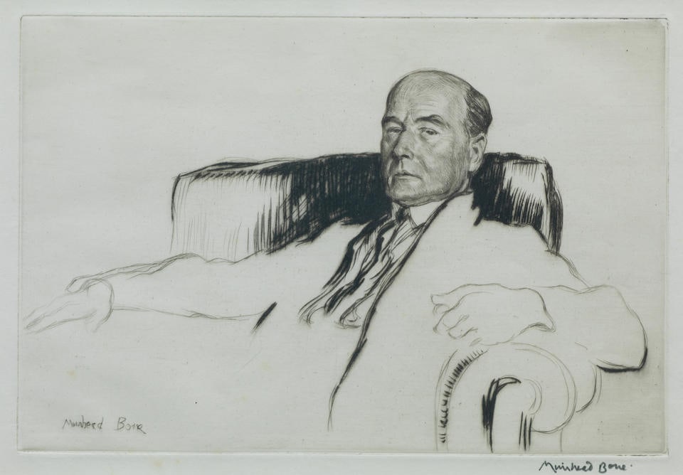 Sir Muirhead Bone HRSA HRWS HARIBA HRE LLB D Litt (British, 1876-1953) Portrait of David Bone pl...: Sir Muirhead Bone HRSA HRWS HARIBA HRE LLB D Litt (British, 1876-1953) Portrait of David Bone signed in pencil 'Muirhead Bone' (lower right), and signed to the plate (lower left) etching plate 14 x 21