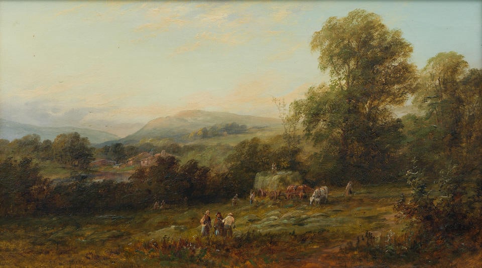 Circle of David Bates (British, 1840-1921) 'View near Lindridge, Worcestershire'; 'Near Abberley...: Circle of David Bates (British, 1840-1921) 'View near Lindridge, Worcestershire'; 'Near Abberley, Worcestershire' , a pair both inscribed with title (verso) oil on canvas each 31 x 51cm (12 3/16 x 20