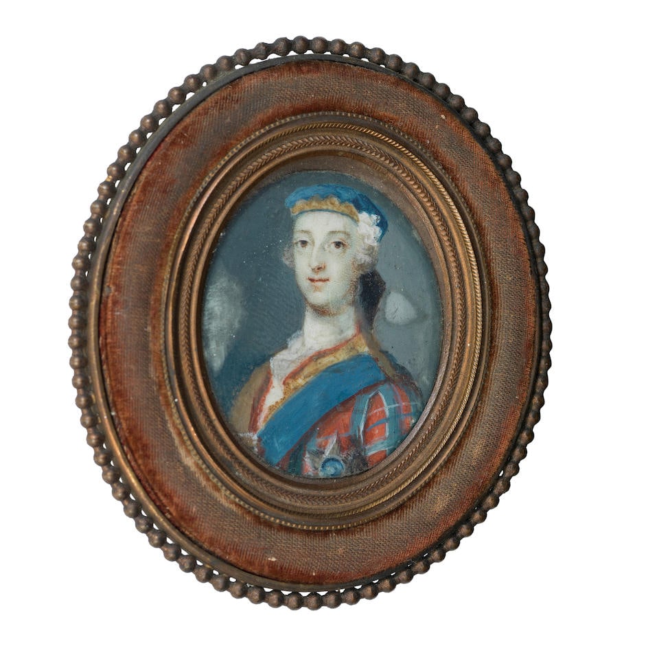 British School, 18th Century A miniature portrait of Charles Edward Stuart: British School, 18th Century A miniature portrait of Charles Edward Stuart oil on ivory 5 x 4cm (1 15/16 x 1 9/16in). Footnotes: The work is extensively inscribed on a backing card, however the inscri