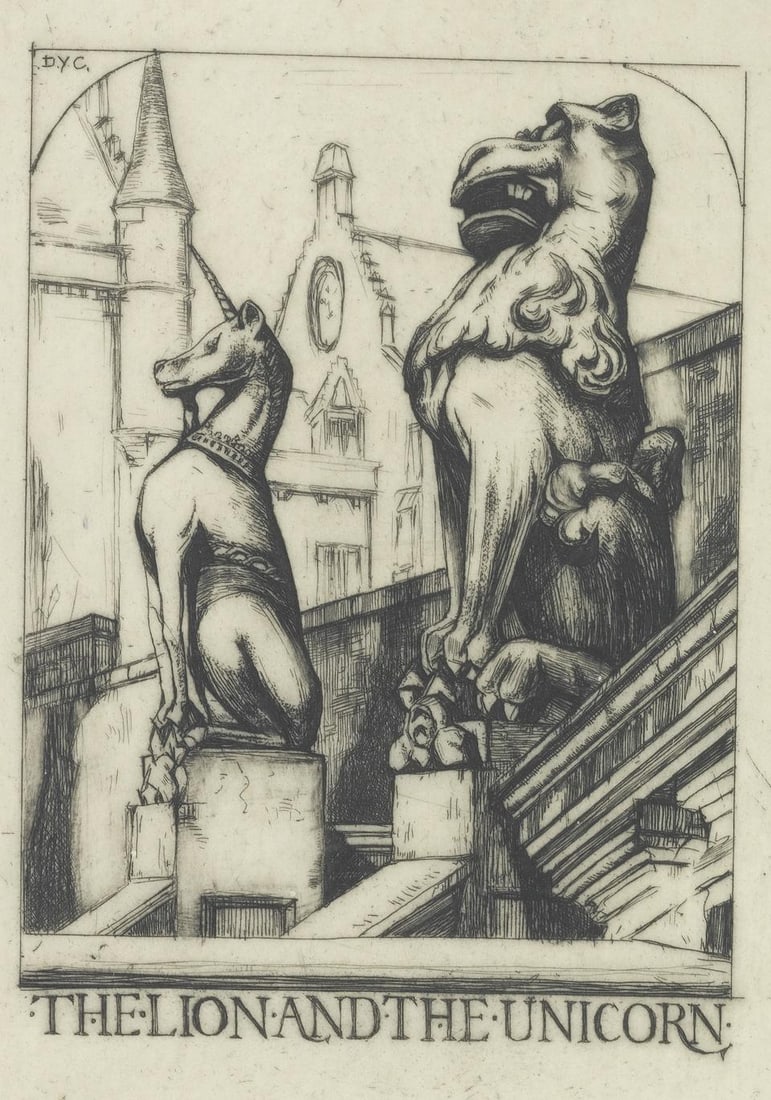 Sir David Young Cameron RA RSA RWS RSW RE (British, 1865-1945) Group of 8 etchings to include: l...: Sir David Young Cameron RA RSA RWS RSW RE (British, 1865-1945) Group of 8 etchings to include: The Lion and the Unicorn; Dunstaffnage Castle; Aquamanile; The Little Devil of Florence; Rameses II; Egyp