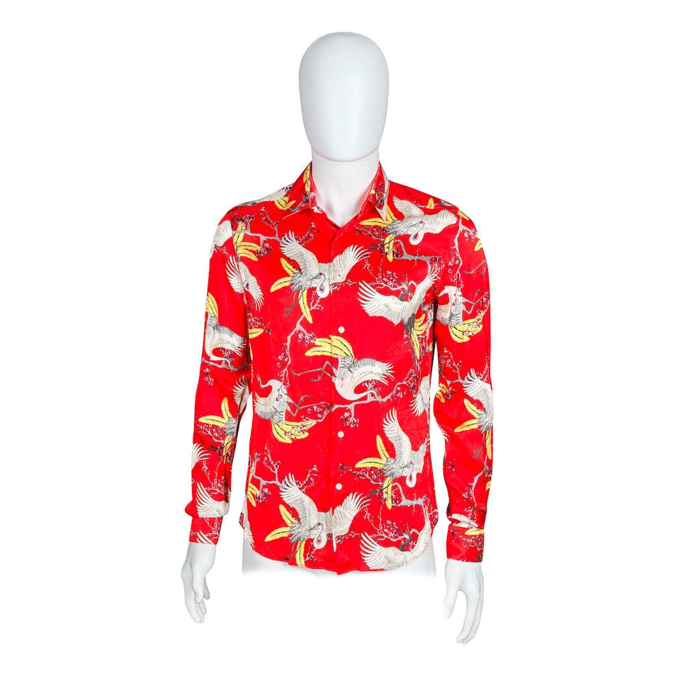 Louis Vuitton: a Red 'Crane' Print Long Sleeve Shirt Spring/Summer 2016: Louis Vuitton: a Red 'Crane' Print Long Sleeve Shirt Spring/Summer 2016 Creative Director: Kim Jones One-off sample piece created for the Spring/Summer 2016 men's line Footnotes: