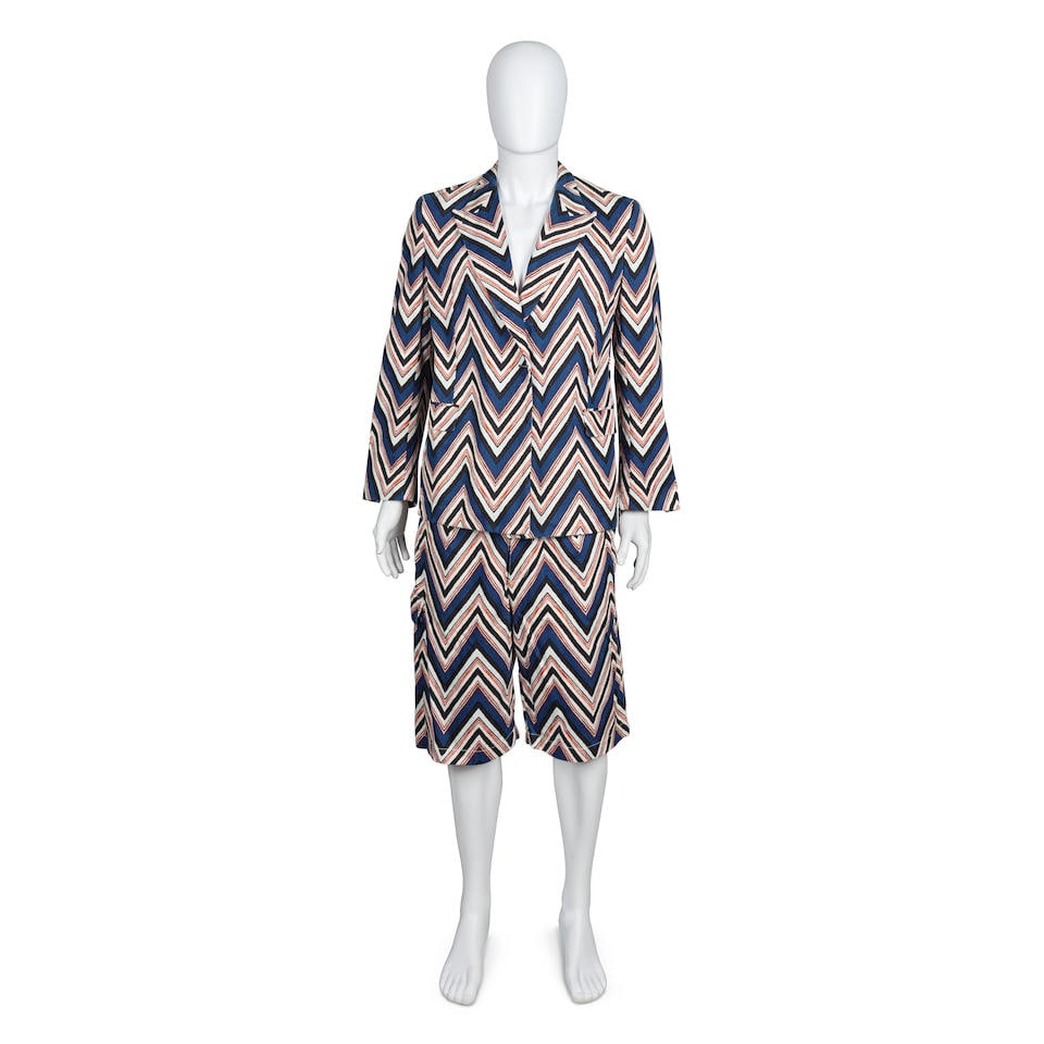 Louis Vuitton: a Men's Chevron Striped Blazer and Short Set Spring/Summer 2015: Louis Vuitton: a Men's Chevron Striped Blazer and Short Set Spring/Summer 2015 Creative Director: Kim Jones One-off sample piece created for the Spring/Summer 2015 men's line Jacket labelled size 48 (