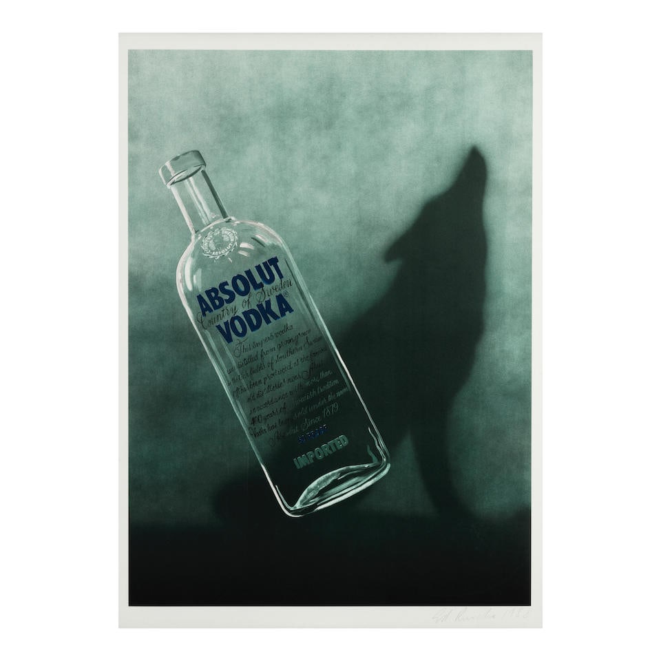 Ed Ruscha (born 1937); Absolut;: Ed Ruscha (born 1937) Absolut, 1988 Offset lithographic poster in colors on wove paper, signed in pencil, dated, from an unnumbered edition of 200, published by Absolute Americana Art Gallery, St. Aug
