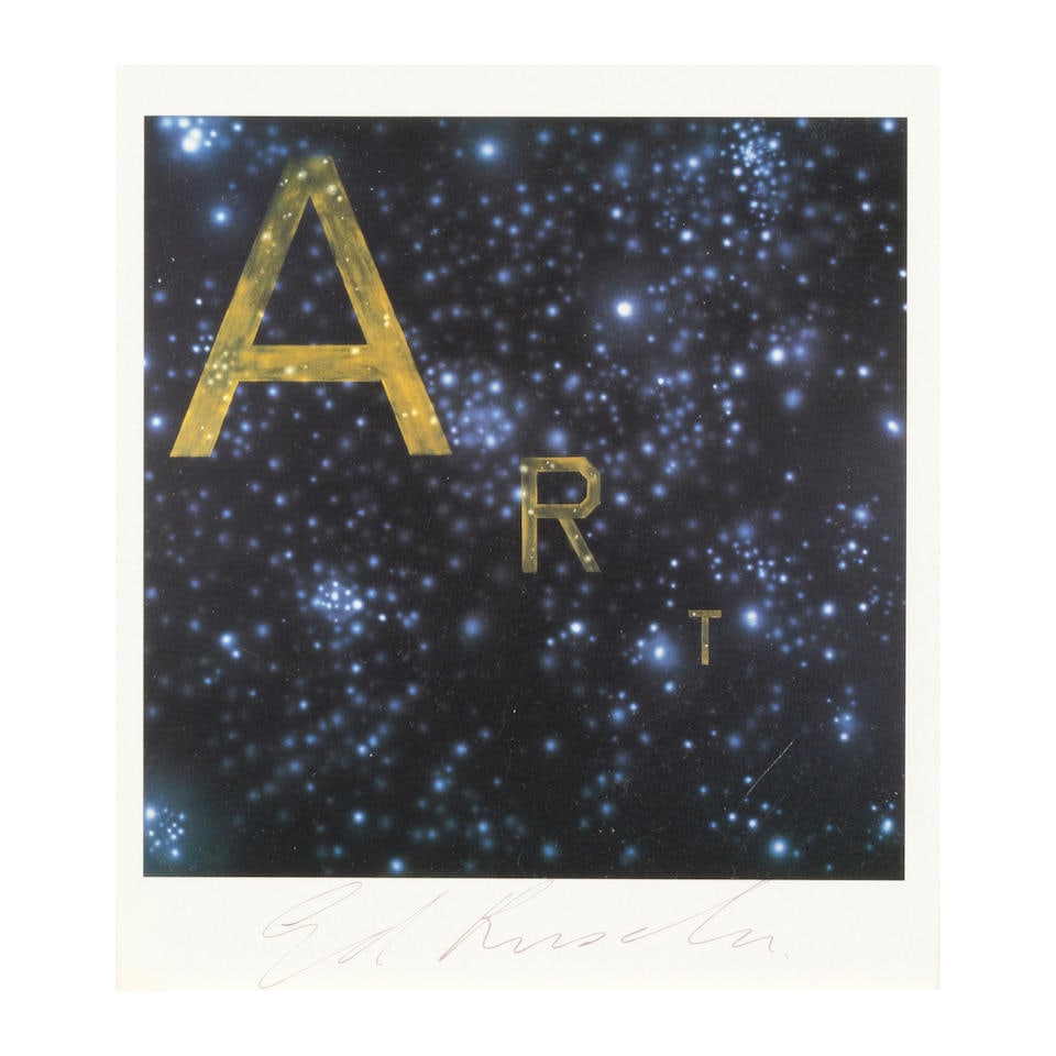 Ed Ruscha (born 1937); ART, from Martin Lawrence Annual Report;: Ed Ruscha (born 1937) ART, from Martin Lawrence Annual Report, 1986 Offset lithograph in colors on smooth wove paper, with complimentary signature in ink, numbered 59/5500 on vellum colophon, publishe