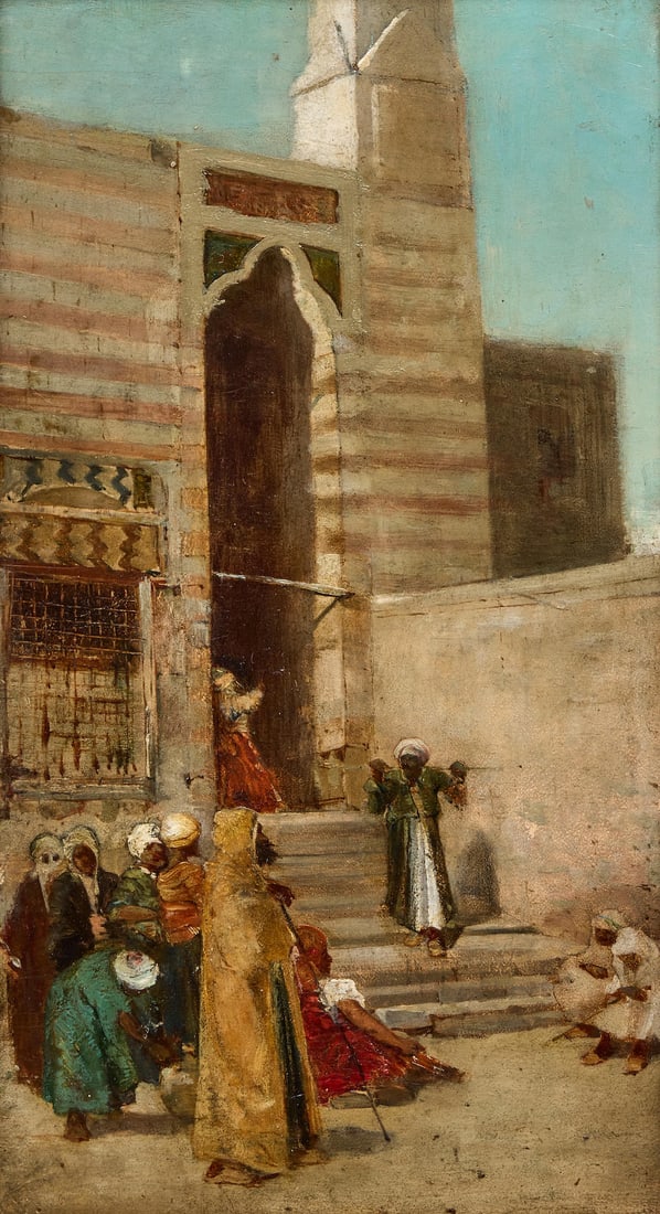 John Varley, Jnr. (British, 1850-1933) On the mosque steps: John Varley, Jnr. (British, 1850-1933) On the mosque steps oil on panel 24 x 13.5cm (9 7/16 x 5 5/16in). Footnotes: Provenance Anon. sale, Sotheby's, Belgravia, 18 September 1973, lot 127. This lot is