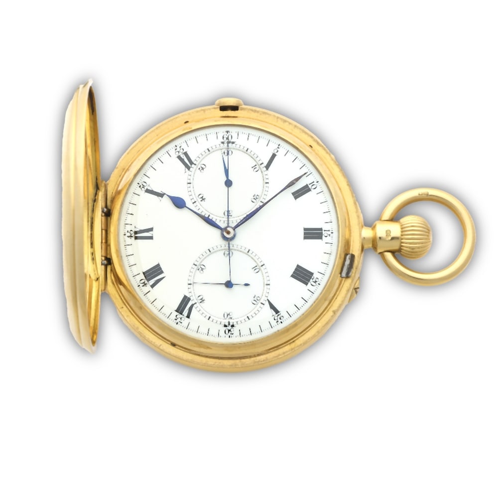 William Alexander & Sons, Glasgow. A fine 18K gold keyless wind full hunter chronograph pocket ...: William Alexander & Sons, Glasgow. A fine 18K gold keyless wind full hunter chronograph pocket watch Date: London Hallmark for 1904 Movement: Gilt 3/4 plate English lever, cut and compensated bi-metal