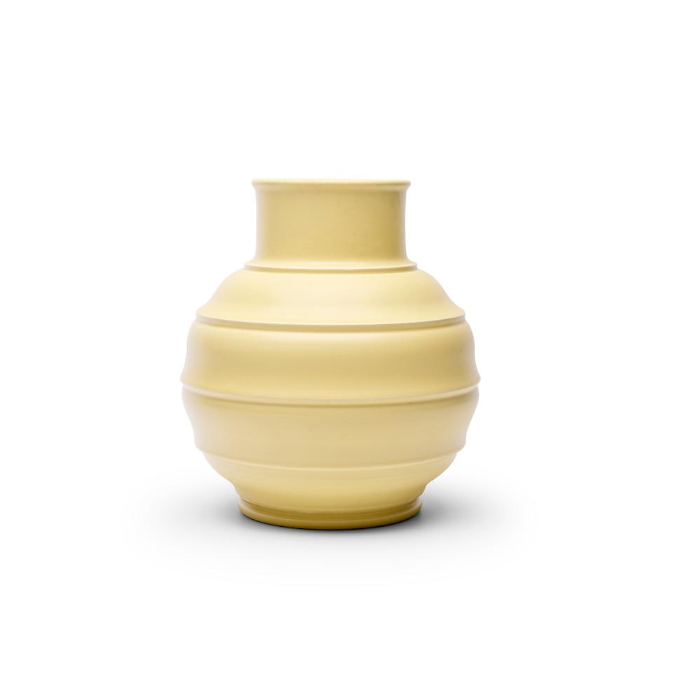 Keith Murray (British, 1892-1981), Straw bomb / football vase, circa 1933 designed for Wedgwood ...: Keith Murray (British, 1892-1981), Straw bomb / football vase, circa 1933 designed for Wedgwood stoneware height: 16.0cm with printed marks to base: 'Keith Murray, WEDGWOOD MADE IN ENGLAND' impressed