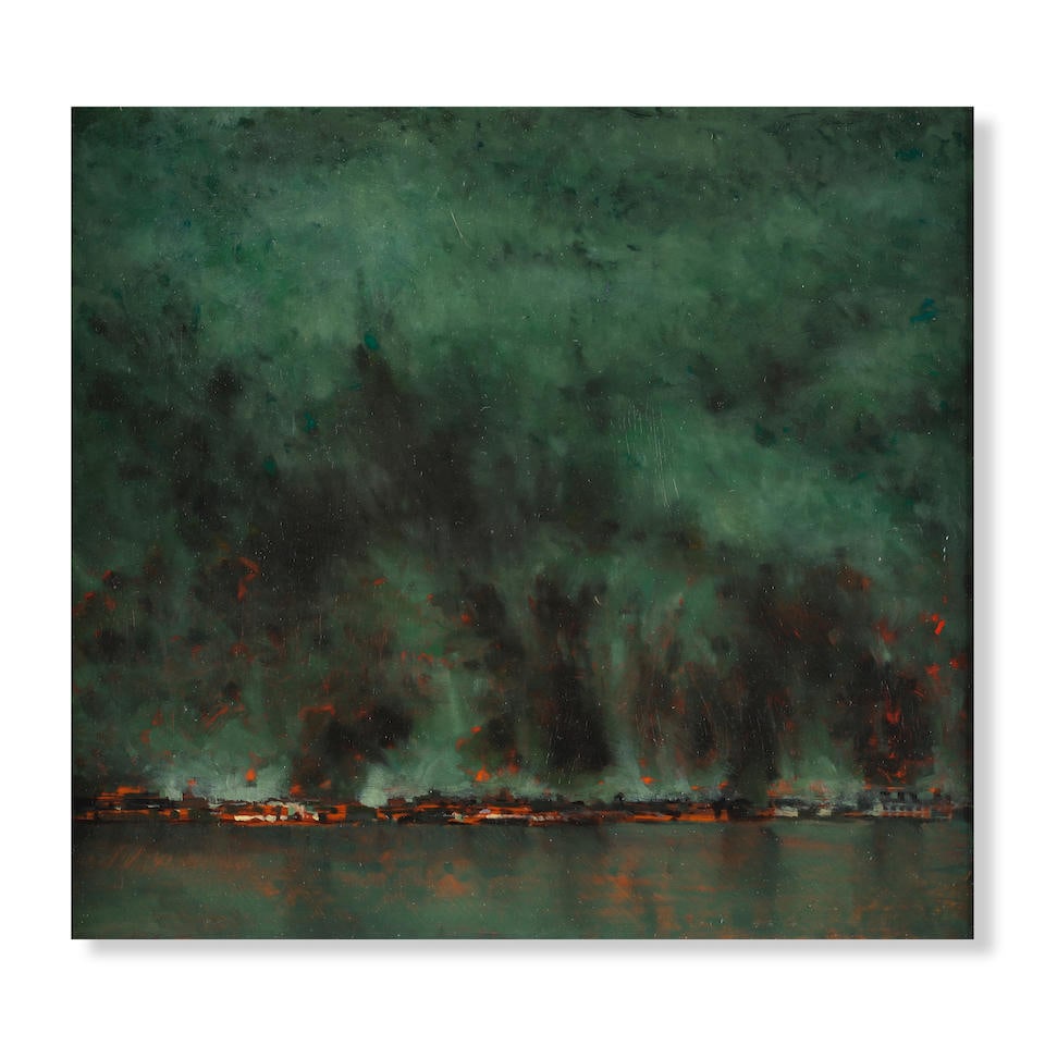 MARK INNERST (N. 1957) Dust Storm Late Evening 1985: MARK INNERST (N. 1957) Dust Storm Late Evening 1985 signé au revers huile et acrylique sur panneau signed on the reverse oil and acrylic on panel 33 x 34 cm. 13 x 13 1/2 in. Réalisée en