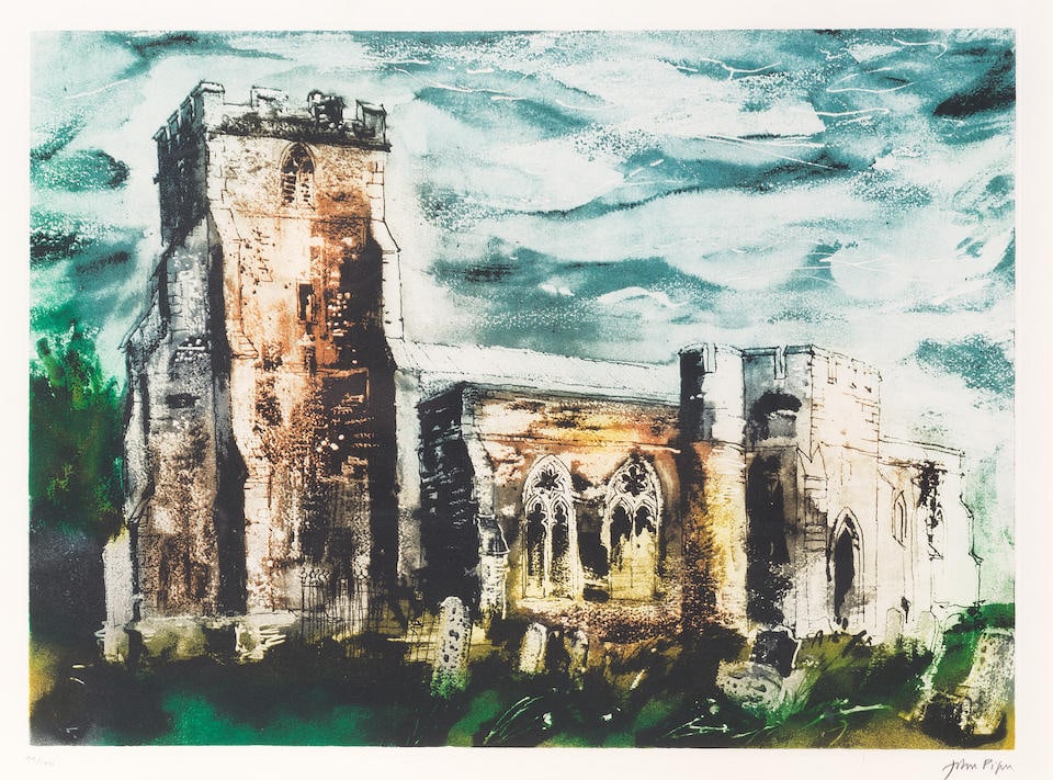 John Piper C.H. (British, 1903-1992) Ivychurch, Romney Marsh Etching and aquatint in colours, 1...: John Piper C.H. (British, 1903-1992) Ivychurch, Romney Marsh (Levinson 364) Etching and aquatint in colours, 1983, on Arches wove paper, signed and numbered 99/100 in pencil (there were also ten artis