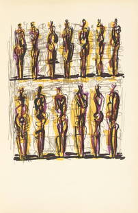 Henry Moore O.M., C.H. (British, 1898-1986) Heads, Figures, Ideas The complete book, 1958, compr...: Henry Moore O.M., C.H. (British, 1898-1986) Heads, Figures, Ideas (Cramer 41) The complete book, 1958, comprising 'Thirteen Standing Figures', one lithograph in colours, on handmade paper watermarked