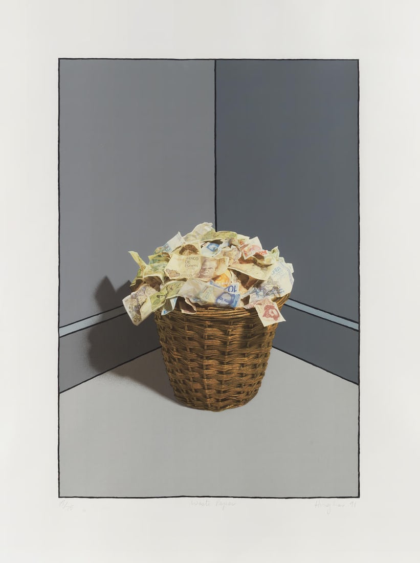 Patrick Hughes (British, born 1939) Waste Paper Screenprint in colours, 1991, on wove paper, sig...: Patrick Hughes (British, born 1939) Waste Paper Screenprint in colours, 1991, on wove paper, signed, titled, dated and numbered 15/75 in pencil, with full margins, framed Image 715 x 485mm (28 x 19 1/