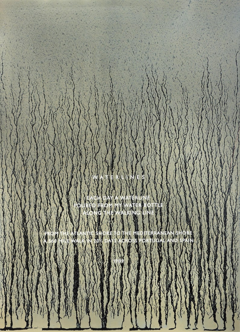 Richard Long R.A. (British, born 1945) Waterlines Offset lithograph in colours, 1989, on wove pa...: Richard Long R.A. (British, born 1945) Waterlines Offset lithograph in colours, 1989, on wove paper, signed and numbered 190/250 in pencil, with margins, framed Image 1270 x 920mm (50 x 36 1/4in) Foot