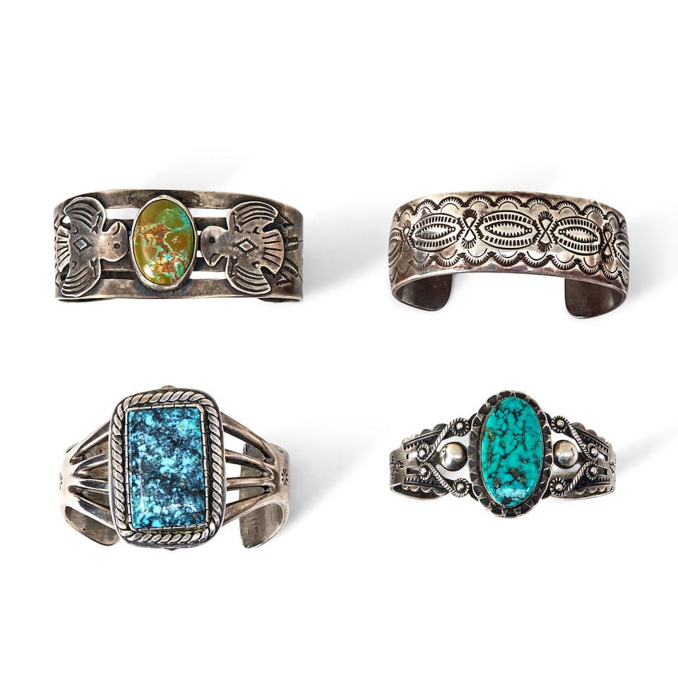 Four Diné (Navajo) bracelets total interior circumference (including gap) 6 1/4, gap 1 1/4,... (1 of 2)