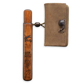 A BAMBOO MUSOZUTSU-TYPE PIPE CASE WITH DRAGONFLIES IN MAKI-E AND LACQUER OVERLAYS Japan, Meiji e... (1 of 3)