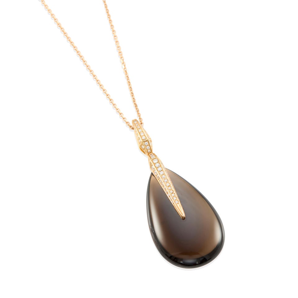 CHIMENTO: 18K GOLD, QUARTZ AND DIAMOND PENDANT NECKLACE: CHIMENTO: 18K GOLD, QUARTZ AND DIAMOND PENDANT NECKLACE • 18k rose gold • 1 drop-shaped quartz • 59 round-cut diamonds weighing approximately 0.55 - 0.65 carat total • Signed '