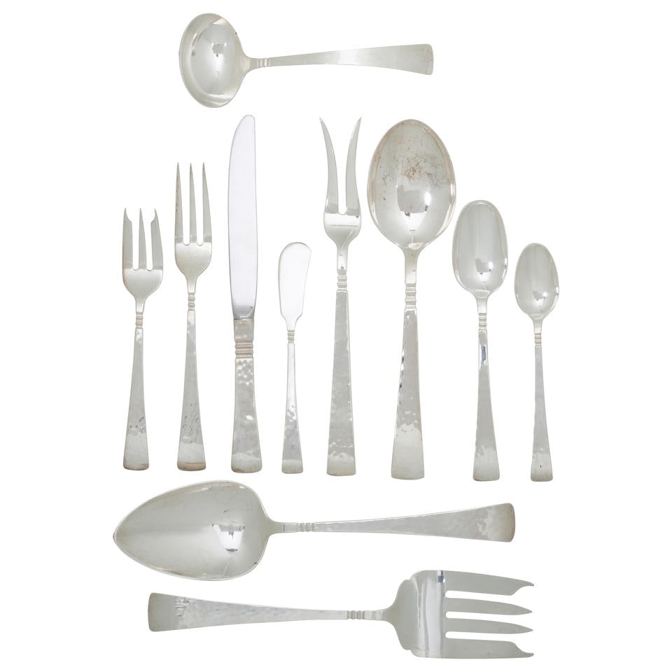 A PORTER BLANCHARD HAMMERED STERLING SILVER PART FLATWARE SERVICE Burbank, California, 20th century (1 of 1)