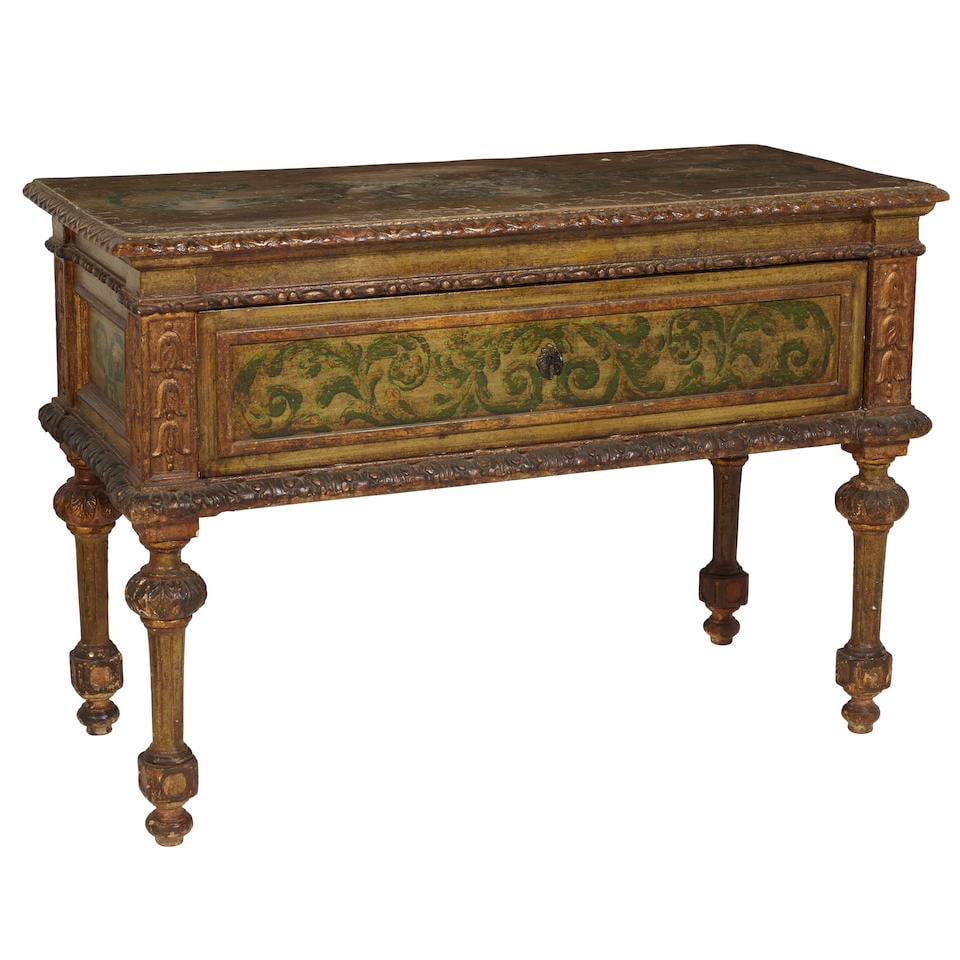 AN ITALIAN NEOCLASSICAL PARCEL GILT AND PAINTED CREDENZAFourth quarter 18th century and later (1 of 4)