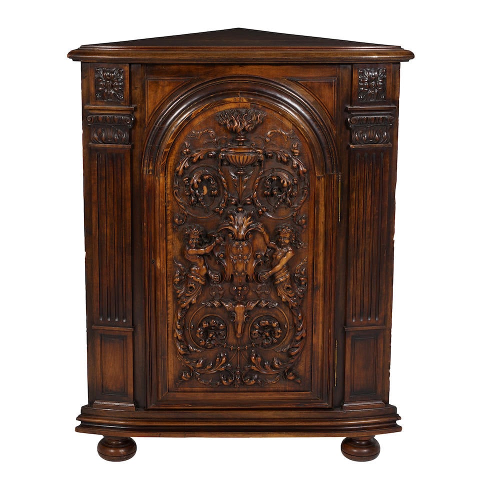 A BAROQUE STYLE CARVED WALNUT CORNER CABINET (1 of 5)