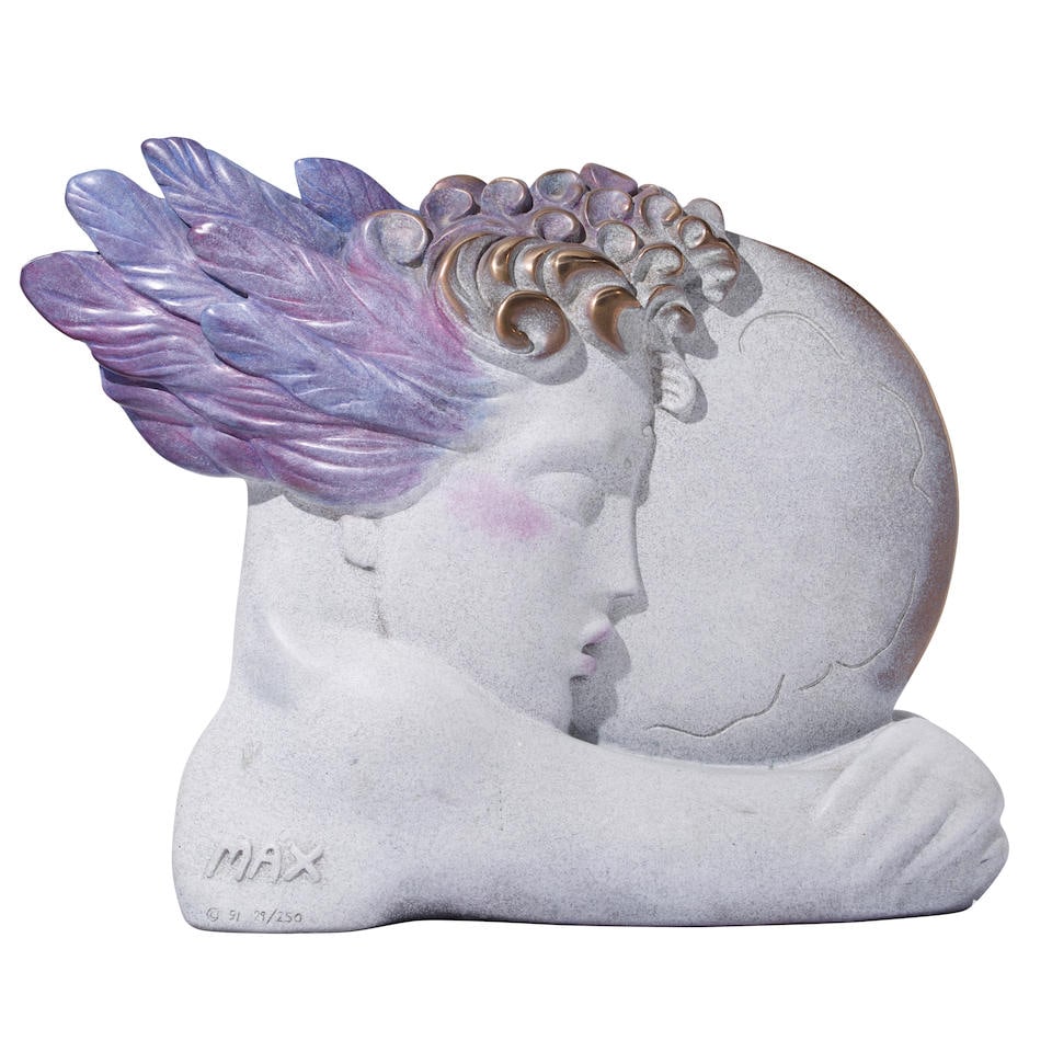 PETER MAX (AMERICAN, BORN 1937): A COLD PAINTED BRONZE: I LOVE THE WORLD1991: PETER MAX (AMERICAN, BORN 1937): A COLD PAINTED BRONZE: I LOVE THE WORLD 1991 Signed, dated, and inscribed MAX / (C) 91 29/250 to the bronze, together with a framed Peter Max I Love the World lithogra