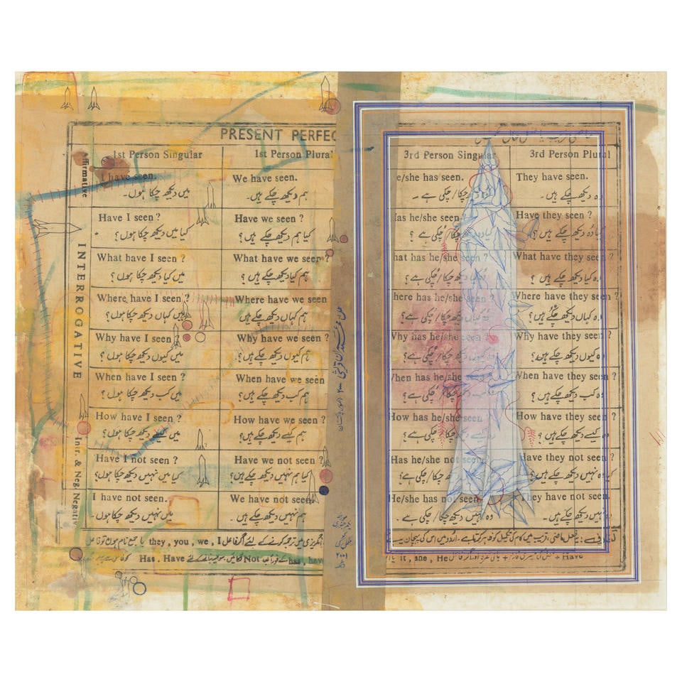 Imran Qureshi (B.1972) Grammer of what next? sight 8 1/4 x 10in (21 x 25.5cm); framed overall 17...: Imran Qureshi (B.1972) Grammer of what next? inscribed 'Mohammad Imran Qureshi / Grammer of What Next? / 2000 / opaque water color on printed washi (paper) / Price:' (verso) opaque watercolor on print