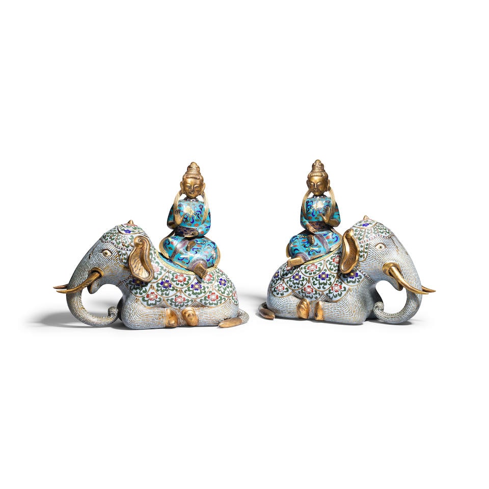 A PAIR OF CLOISONNÉ ENAMEL FIGURE AND ELEPHANT GROUPS 20th century (4)