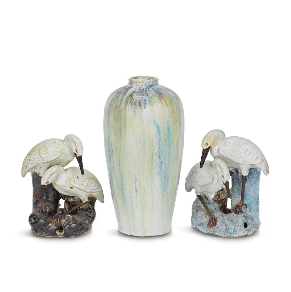 A SHIWAN WARE FLAMBÉ GLAZED VASE AND A PAIR OF SHIWAN WARE CRANE GROUPS 19th century (3) (1 of 1)