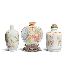 THREE FAMILLE ROSE SNUFF BOTTLES One with Daoguang four-character mark and of the period; 19th c... (1 of 3)