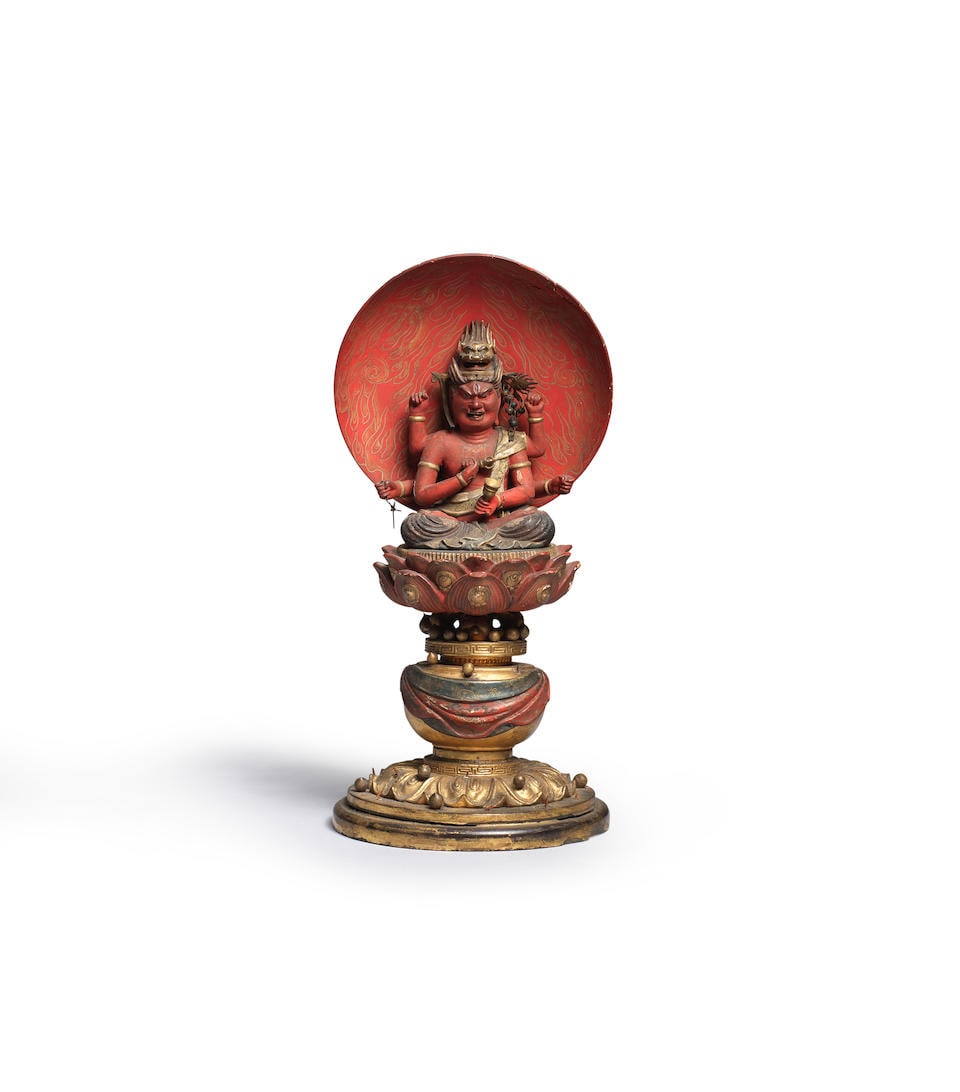 A GILT AND POLYCHROME WOOD FIGURE OF AIZEN MYO-O Japan, 19th century or possibly later (1 of 2)