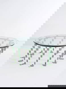 ROBERTO GIULIO RIDA (1943) Table basse Metello: ROBERTO GIULIO RIDA (1943) Table basse Metello 2016 Estampille de l'artiste Laiton patiné et verre H: 36,8 cm. (14.1/2 in.); D: 89 cm. (35 in.) An impressed 'Metello' coffee table in patinated br