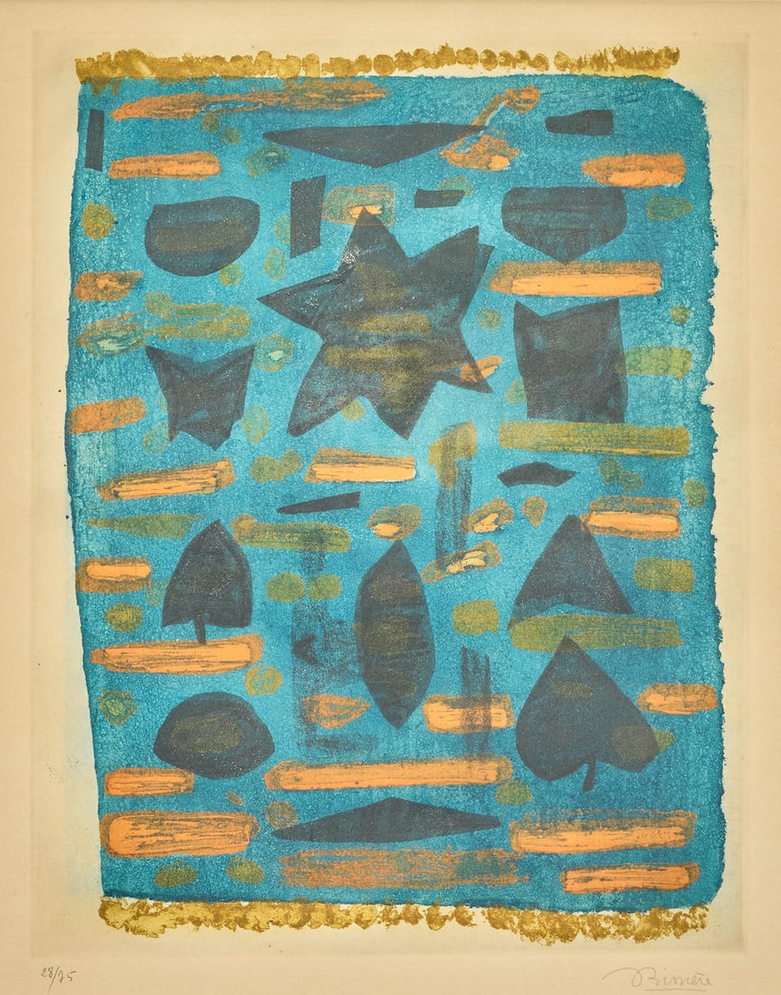 Roger Bissière (French, 1886-1964) Composition aux Etoiles Etching and aquatint in colours,...: Roger Bissière (French, 1886-1964) Composition aux Etoiles Etching and aquatint in colours, 1953, on wove paper, signed and numbered 28/75 in pencil, framed Image 430 x 330mm (16 7/8 x 12 7/8in)