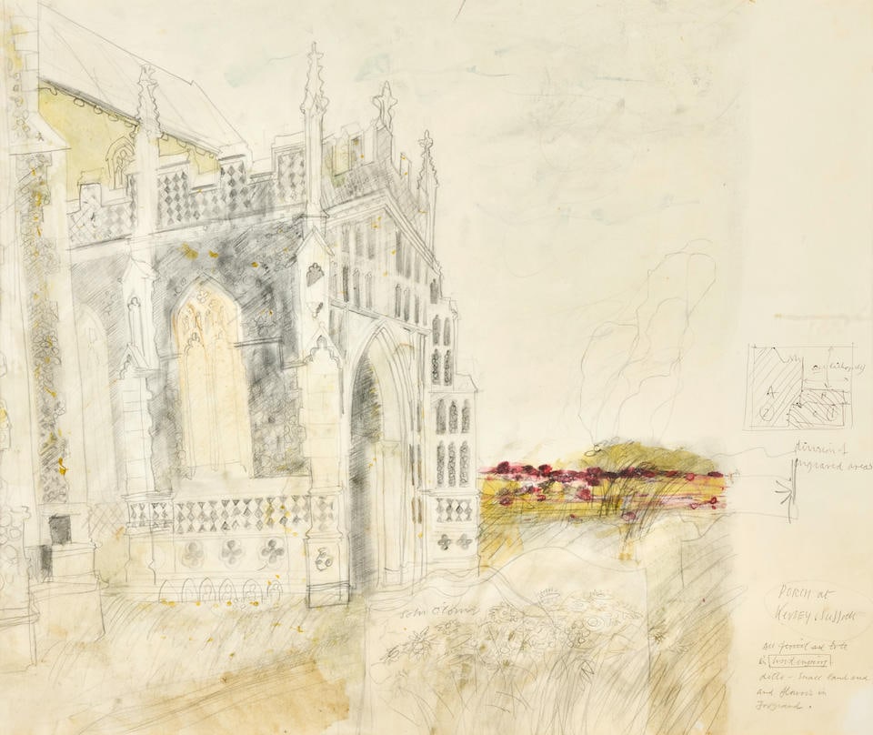 John O'Connor (British, 1913-2004) Study for Porch at Kersey, Suffolk: John O'Connor (British, 1913-2004) Study for Porch at Kersey, Suffolk signed 'John O'Connor' (lower centre), titled 'PORCH at/KERSEY,Suffolk' (lower right) and annotated pencil and watercolour 55 x 66