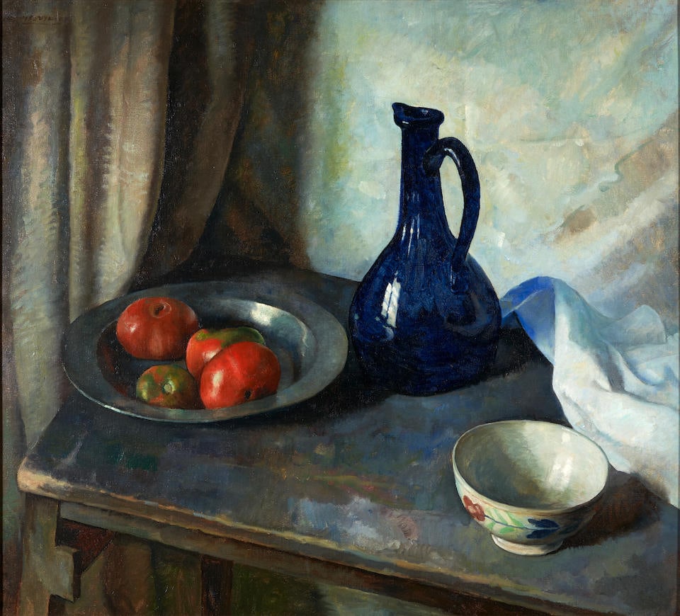 NEWELL CONVERS WYETH (American, 1882-1945) Still Life with Tomatoes, c. 1925/1935: NEWELL CONVERS WYETH (American, 1882-1945) Still Life with Tomatoes, c. 1925/1935 signed 'N.C. WYETH' (underlined, upper left); inscribed 'BRANDYWINE MUSEUM' (in pencil on the reverse of the frame) oi
