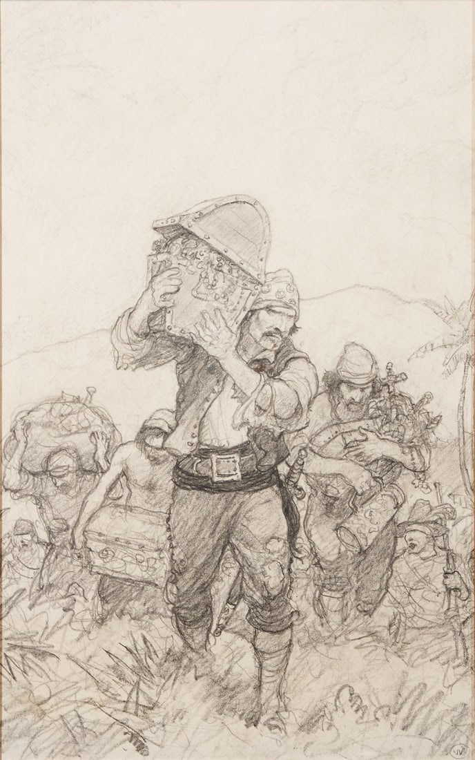 NEWELL CONVERS WYETH (American, 1882-1945) Study for The Story of Gold: NEWELL CONVERS WYETH (American, 1882-1945) Study for The Story of Gold signed with a circled 'W' (lower right) graphite on paper sheet size 16 3/4 x 11 in. (42.5 x 27.9 cm) framed 22 1/2 x 16 1/2 x 3/